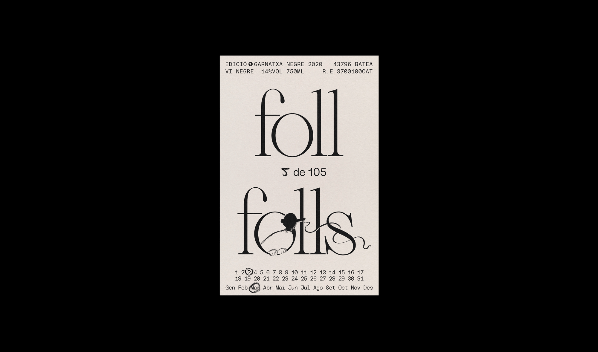 Idea y diseño de la etiqueta de vino del restaurante Folls en Calaf, Anoia; diseñado por Carlos Galán Rubio.